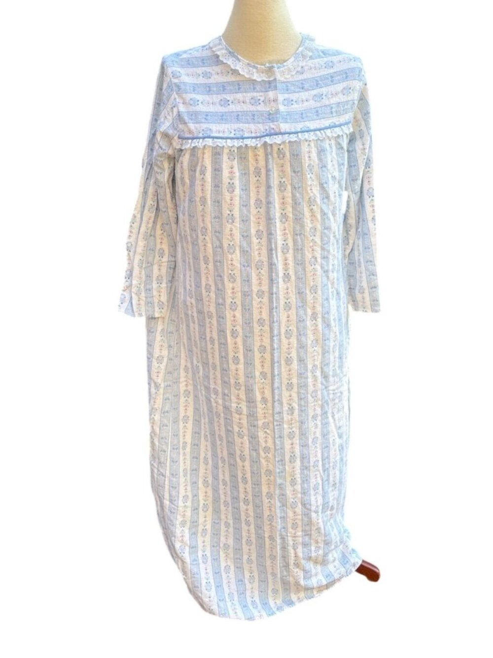 Floral Striped Cotton Nightgown With Lace Trim & 3/4 Sleeves Size Medium Modest